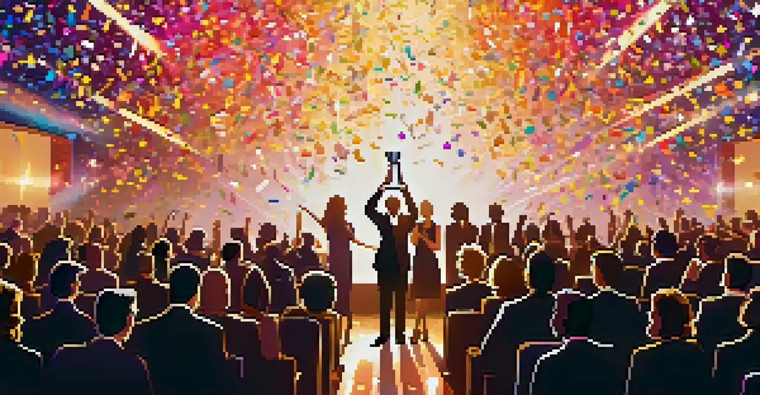 A film festival award ceremony with a winner holding a trophy under a spotlight, surrounded by an applauding audience and falling confetti.
