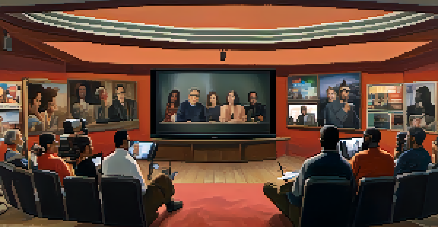 A virtual meeting of diverse film critics in split-screen view, discussing films with film-related elements in the background.