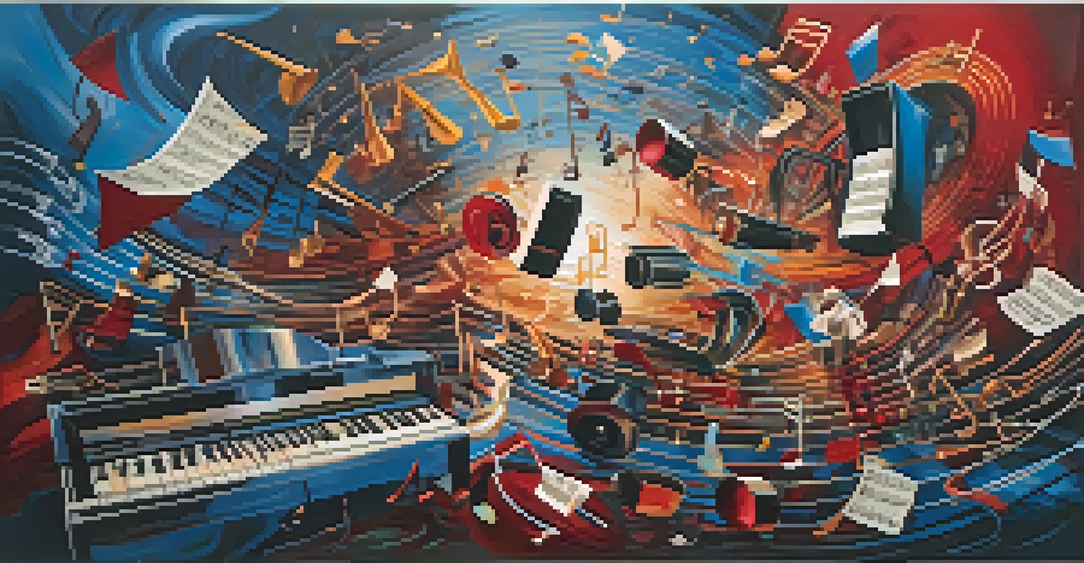 A collage of iconic film scenes with swirling musical notes, illustrating the emotional journey through music in film.