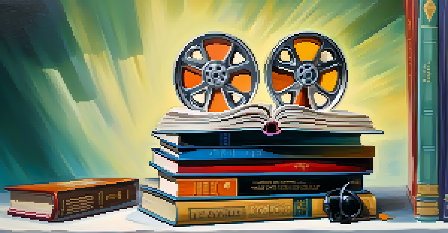A film reel and classic books intertwined, showcasing the relationship between literature and cinema with a colorful background.
