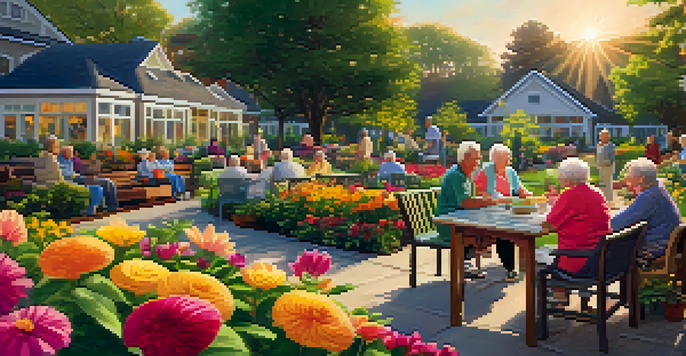 Seniors enjoying a vibrant garden in a retirement community, with flowers and greenery in a warm sunset light.