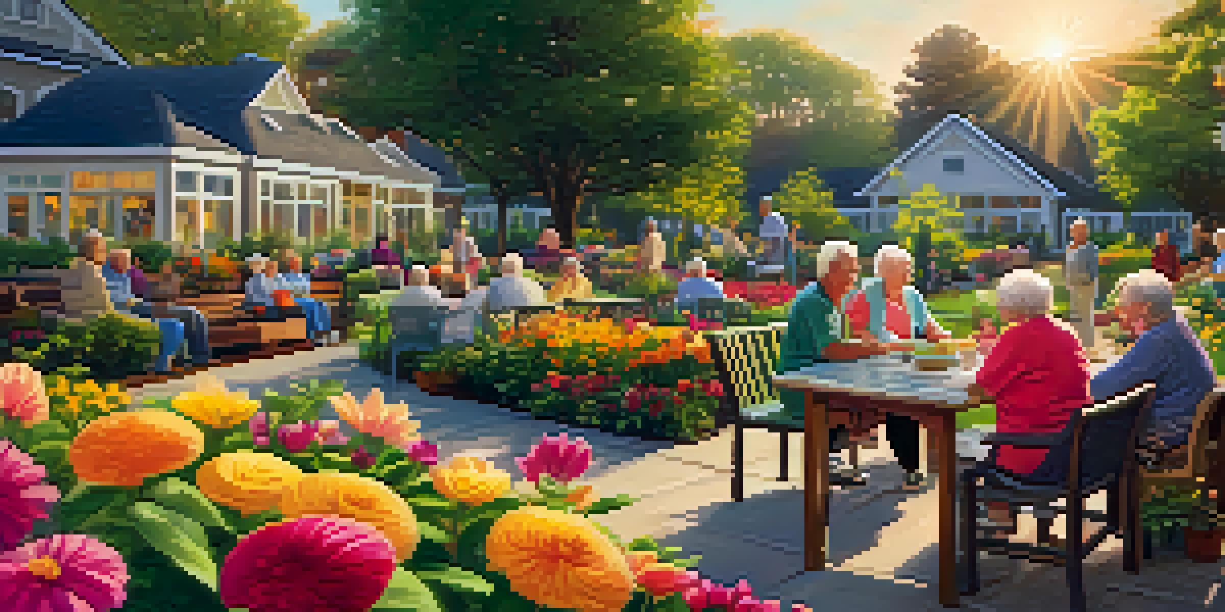 Seniors enjoying a vibrant garden in a retirement community, with flowers and greenery in a warm sunset light.