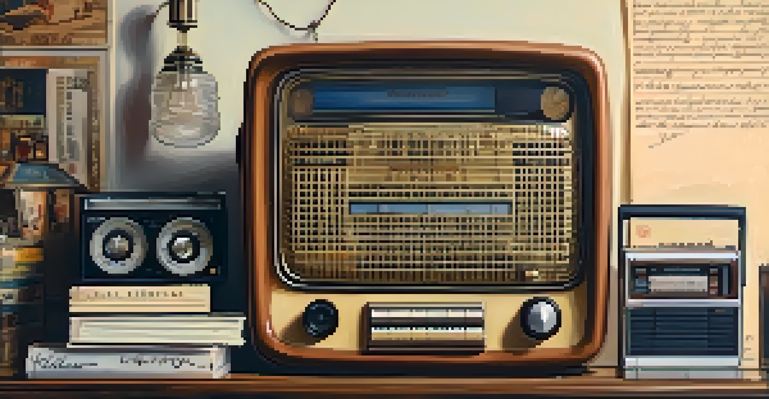 A nostalgic close-up of an old radio and a cassette tape, with a handwritten list of famous catchphrases, captured in warm, inviting light.