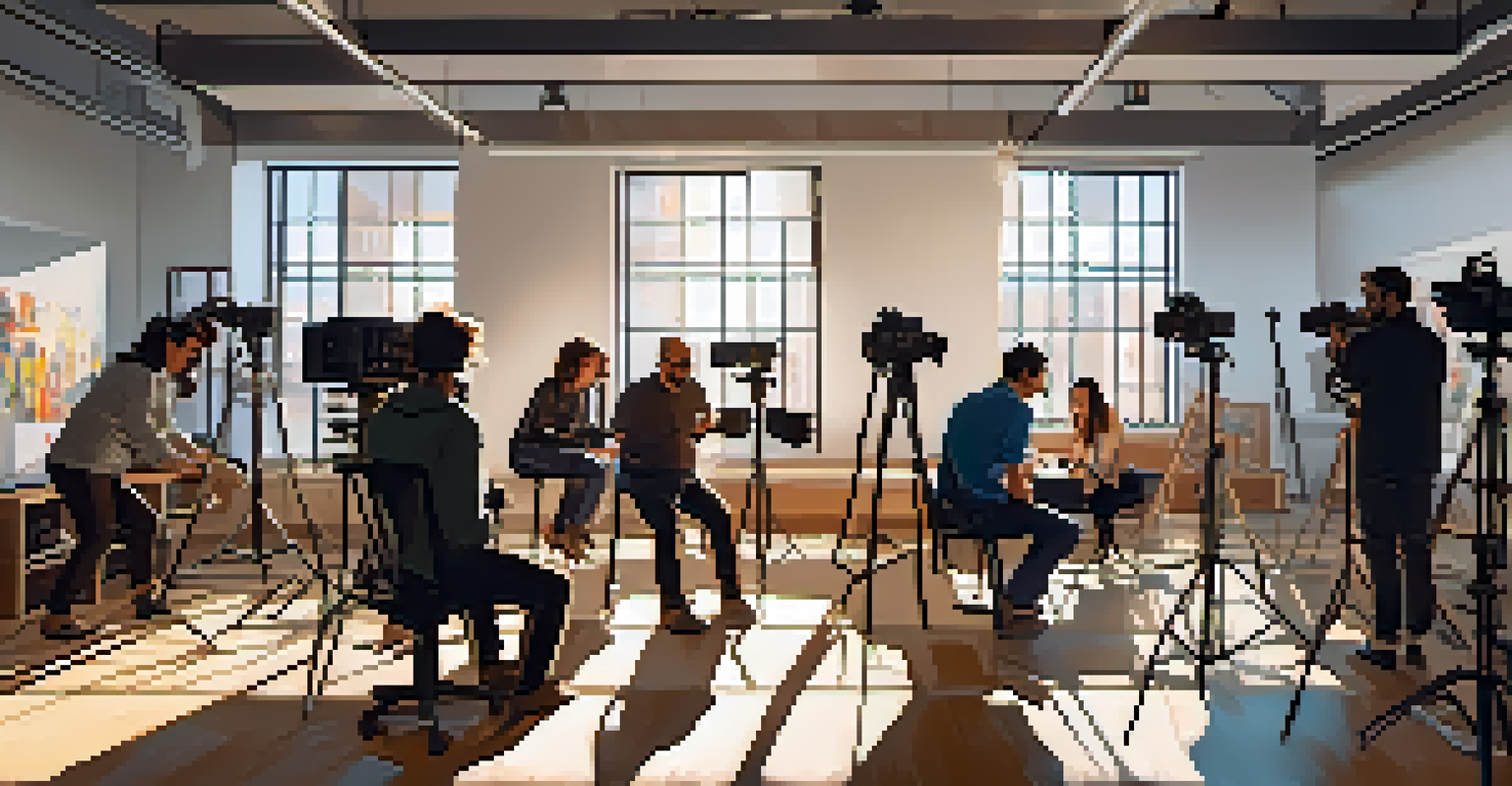 A diverse group of filmmakers collaborating in a bright studio filled with equipment and creative materials.