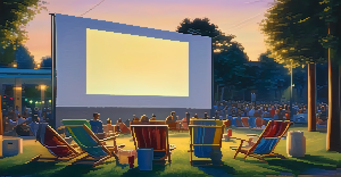 An outdoor cinema during sunset with a large screen showing a classic film and comfortable seating arranged around it, illuminated by string lights.