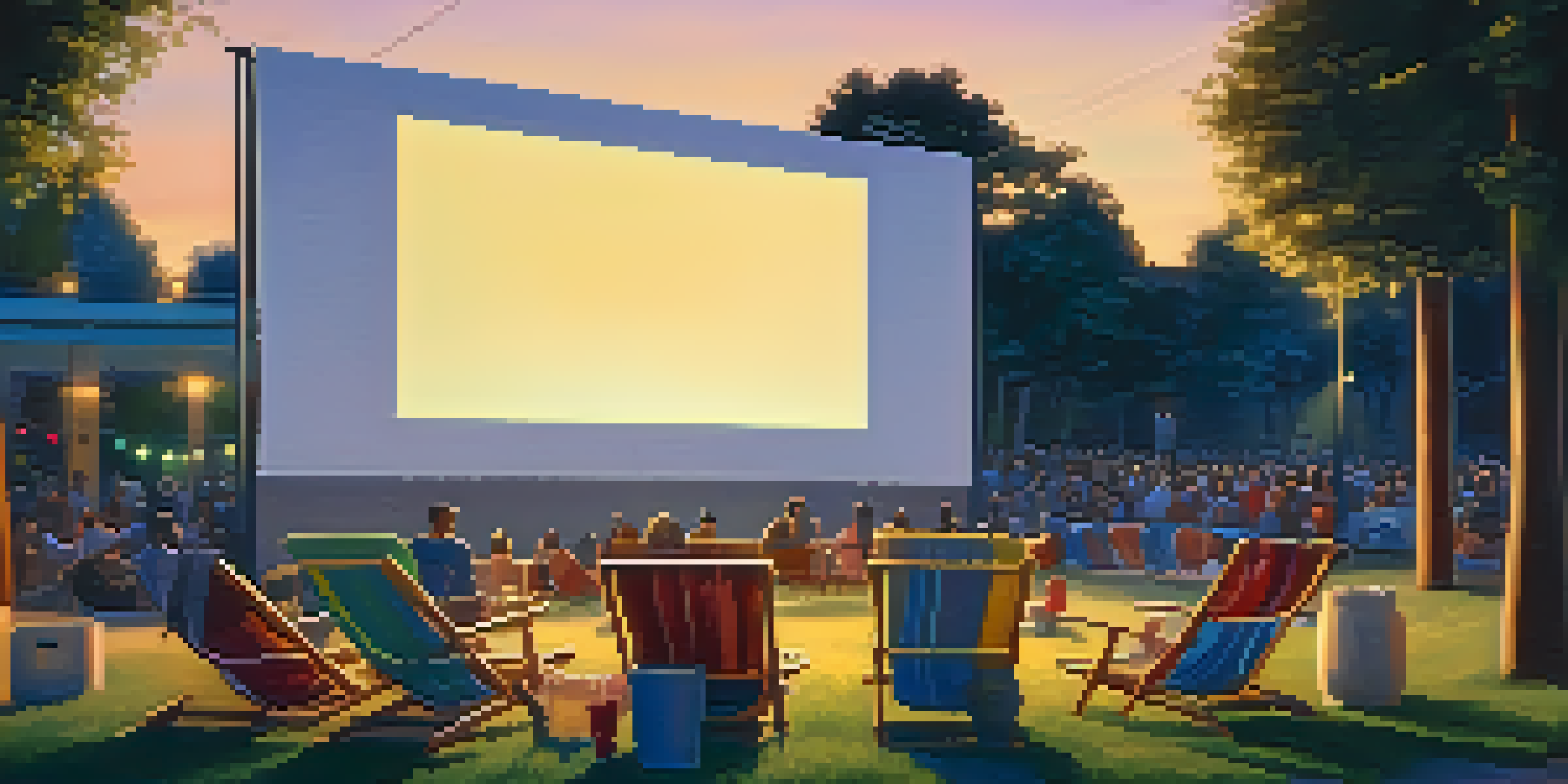 An outdoor cinema during sunset with a large screen showing a classic film and comfortable seating arranged around it, illuminated by string lights.