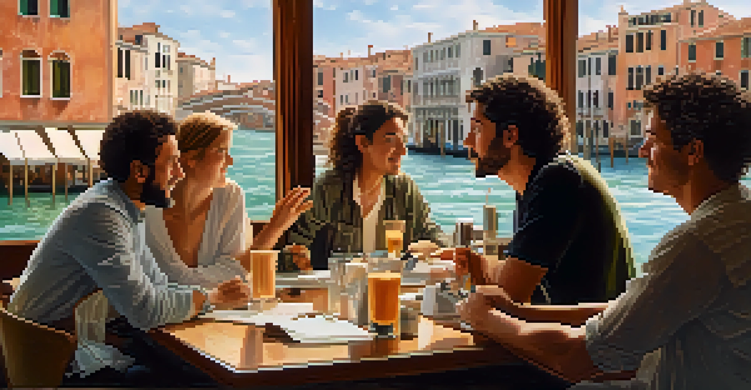 Emerging filmmakers in a café at the Venice Film Festival, engaged in lively discussions with laptops and scripts around them.