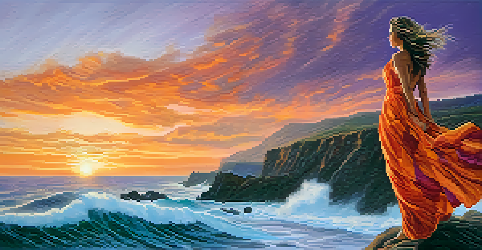 A woman on a cliff at sunset, with vibrant skies and flowing dress, embodying freedom and adventure.
