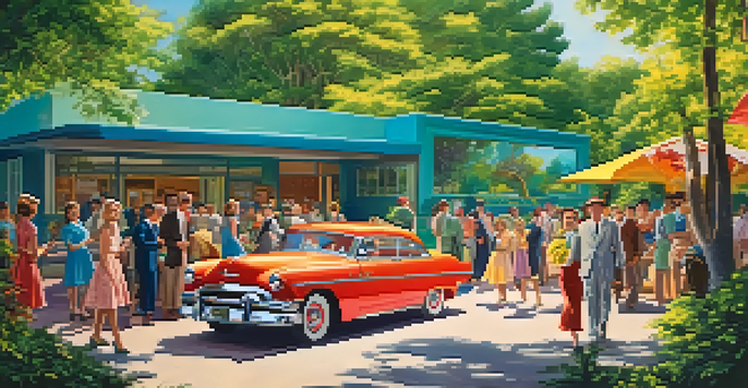 A lively film set with actors dressed in 1950s clothing amid green trees and a clear blue sky, enhanced with warm colors to evoke nostalgia.