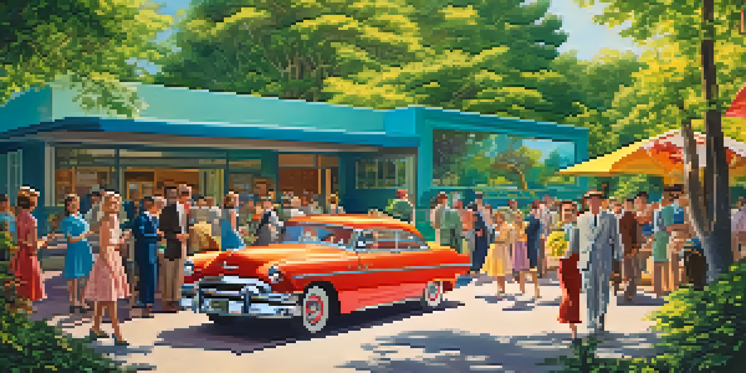 A lively film set with actors dressed in 1950s clothing amid green trees and a clear blue sky, enhanced with warm colors to evoke nostalgia.