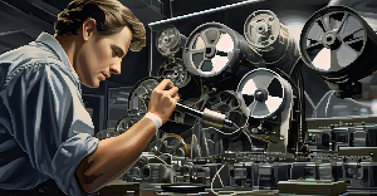 A technician examining a film reel with a magnifying glass, surrounded by advanced restoration equipment.