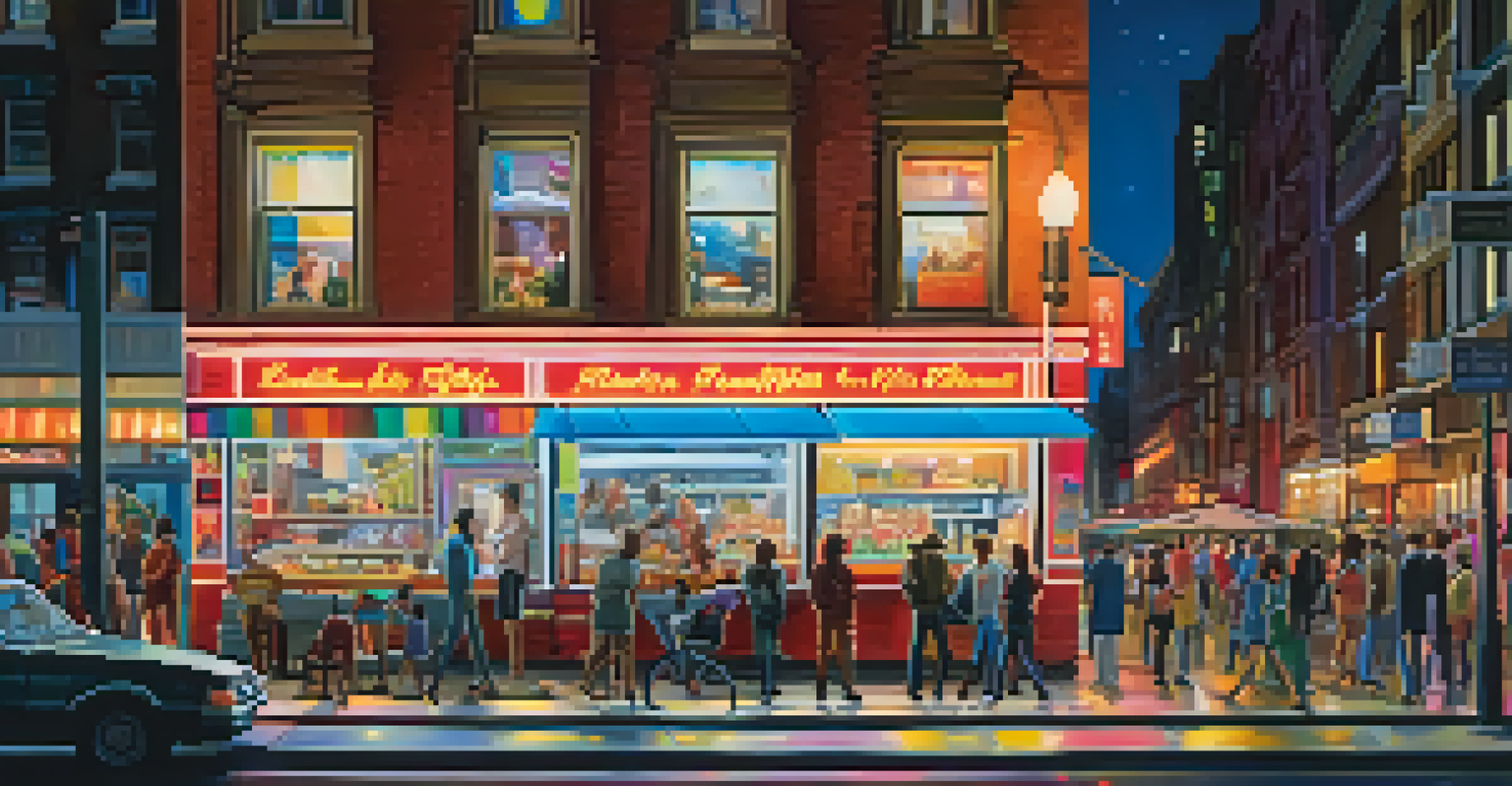 A lively city street at night with neon signs, people walking, a food truck, and a vibrant urban atmosphere.