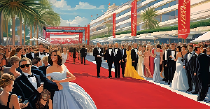 Celebrities on a red carpet at the Cannes Film Festival, surrounded by photographers and fans.