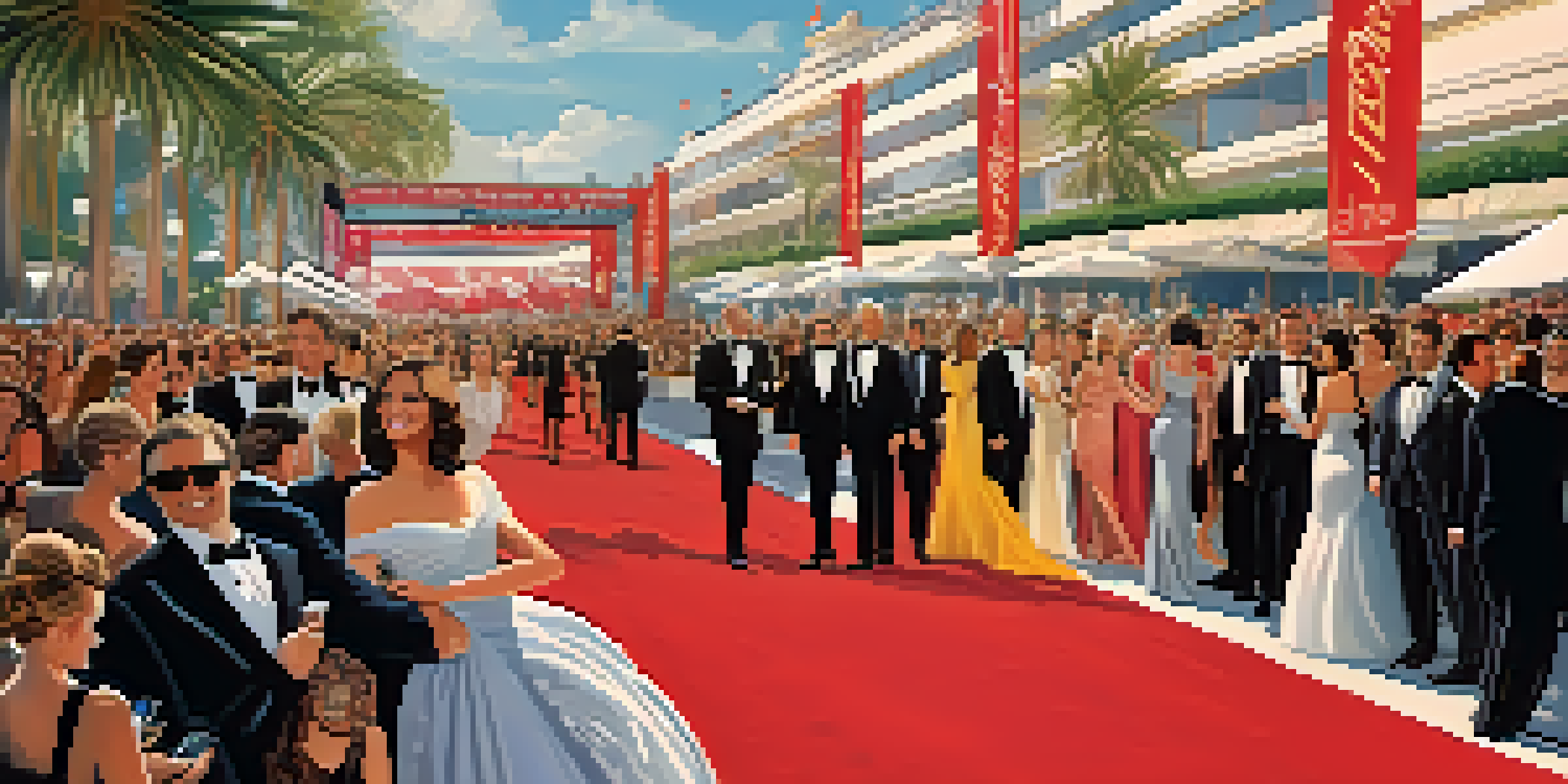 Celebrities on a red carpet at the Cannes Film Festival, surrounded by photographers and fans.