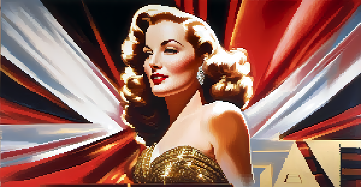 A glamorous 1940s Hollywood film poster with a movie star in a luxurious setting, highlighted by bold red and gold colors and dramatic lighting.