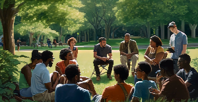 A documentary filmmaker captures a diverse group discussing community challenges in a sunny park.
