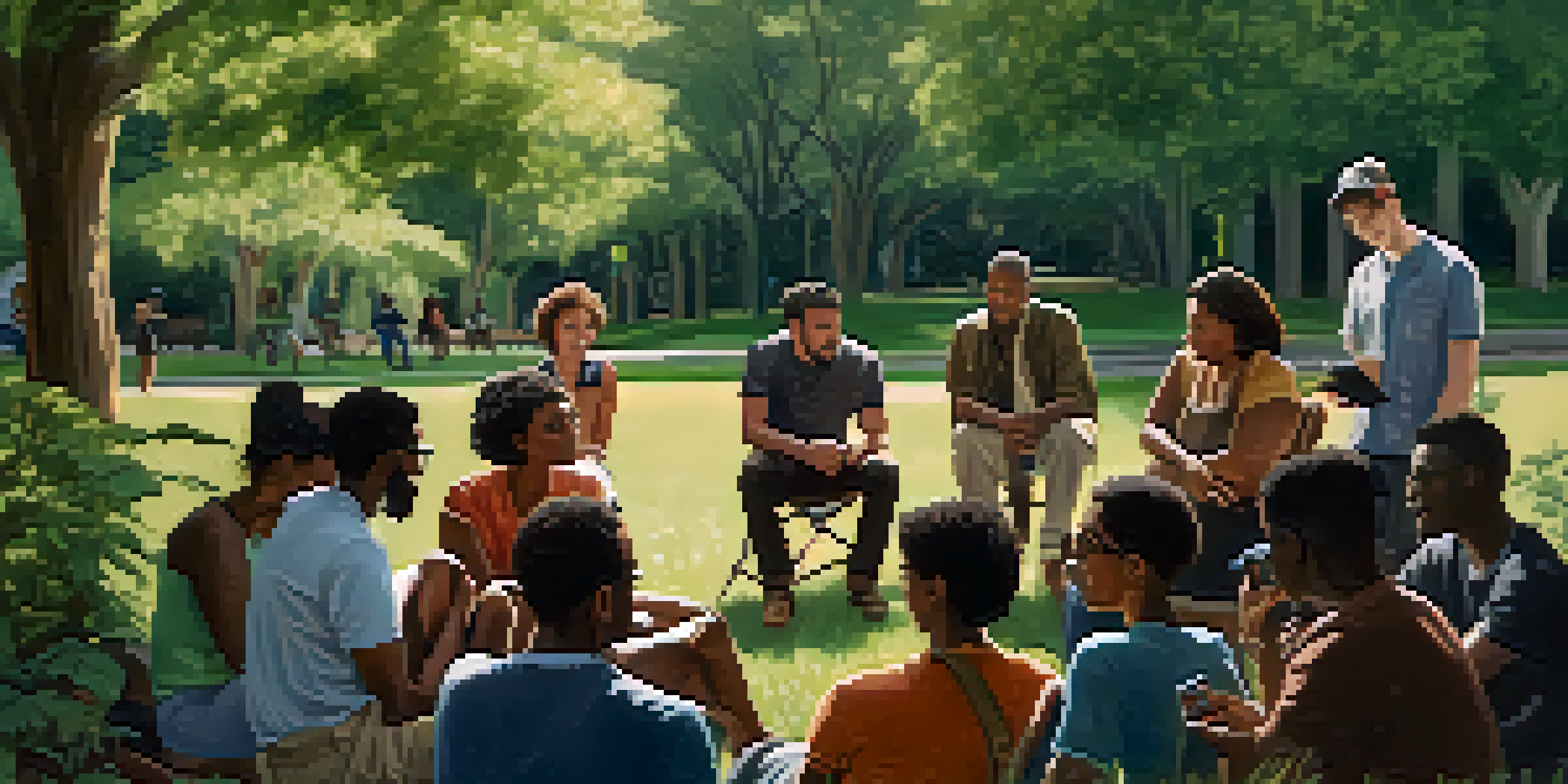 A documentary filmmaker captures a diverse group discussing community challenges in a sunny park.