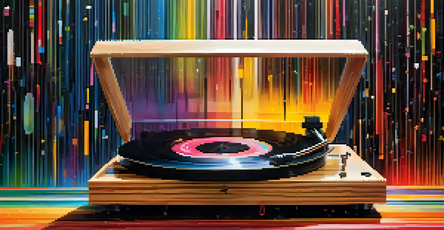 A vinyl record player spinning a classic movie soundtrack, surrounded by colorful sound waves and musical notes.