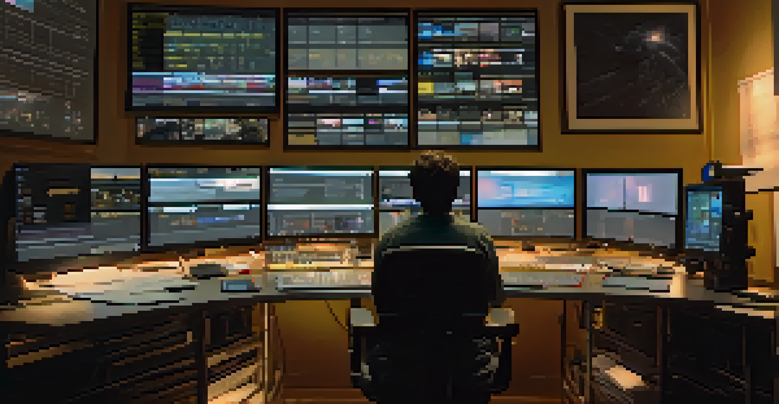 An editing room with screens showing jump cuts from a film, highlighting a filmmaker at work.