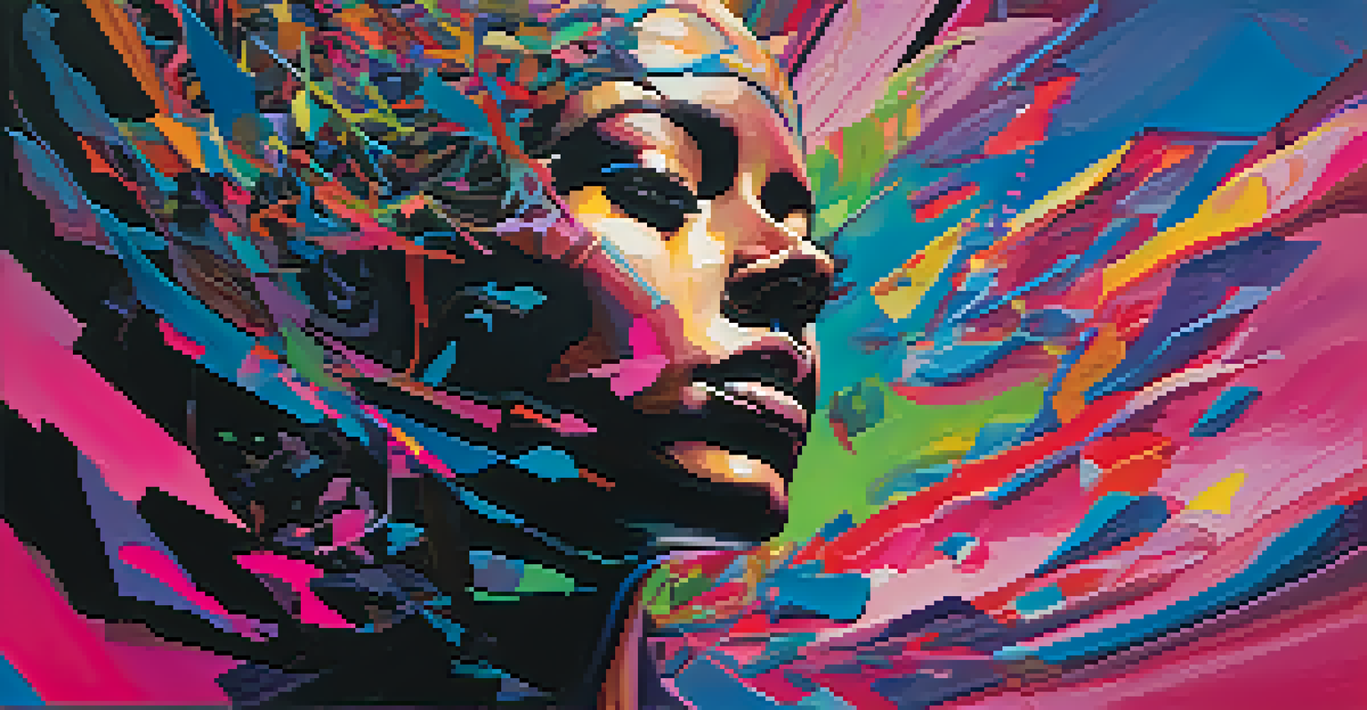 An abstract image of a silhouette filled with chaotic colors and fragmented images, symbolizing a fractured mind.