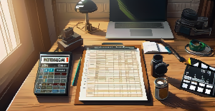 A film budget spreadsheet on a wooden desk with filmmaking tools like a camera and script, illuminated by warm lighting.