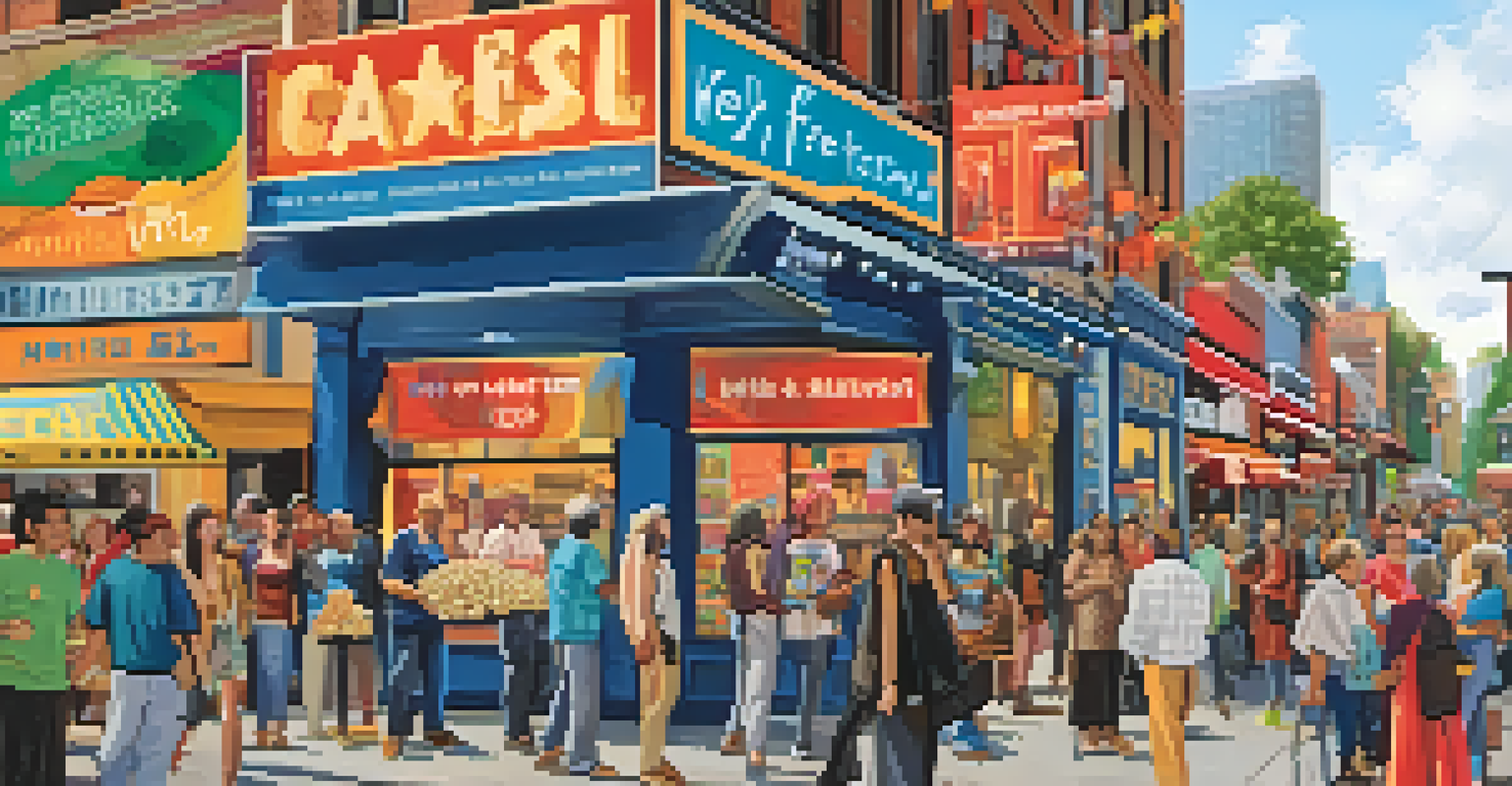 A bustling city street decorated for a film festival, with banners, attendees engaging with each other, popcorn in hand, and local vendors adding to the vibrant atmosphere.