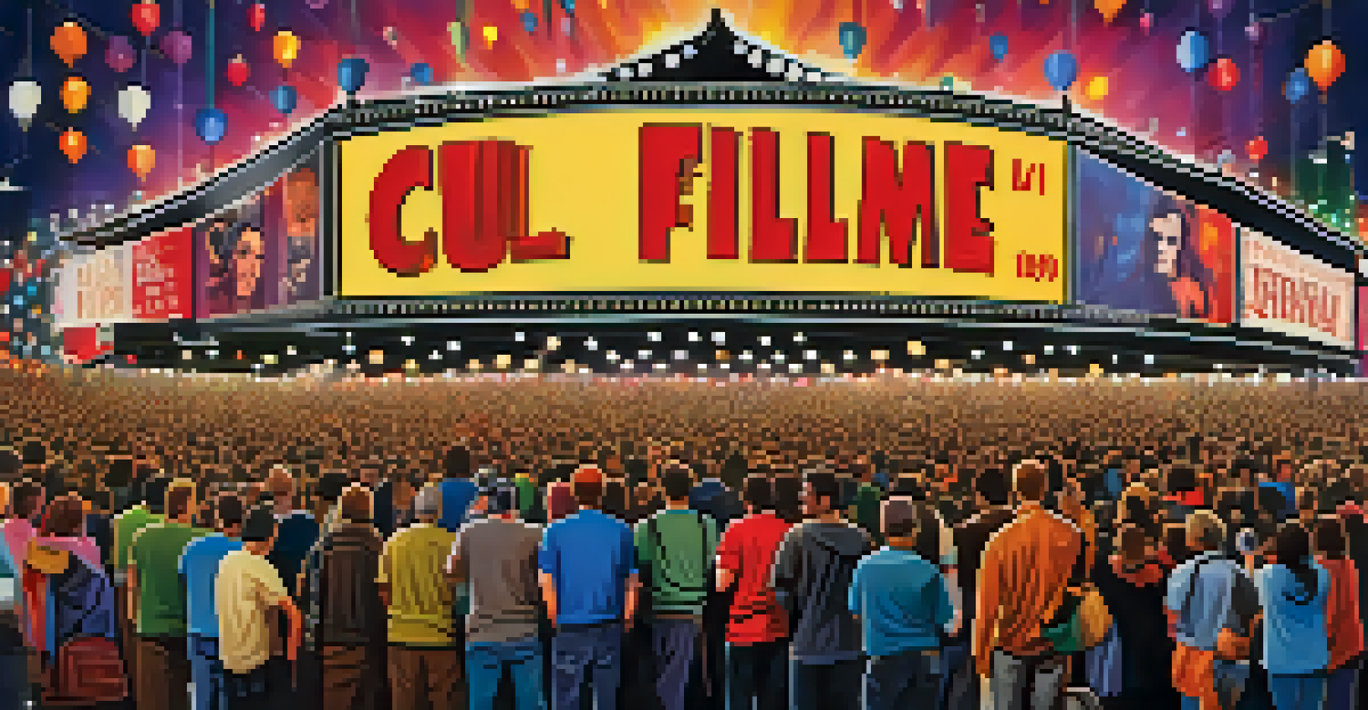 A colorful film festival banner featuring cult films, with fans taking photos and enjoying the festival atmosphere.