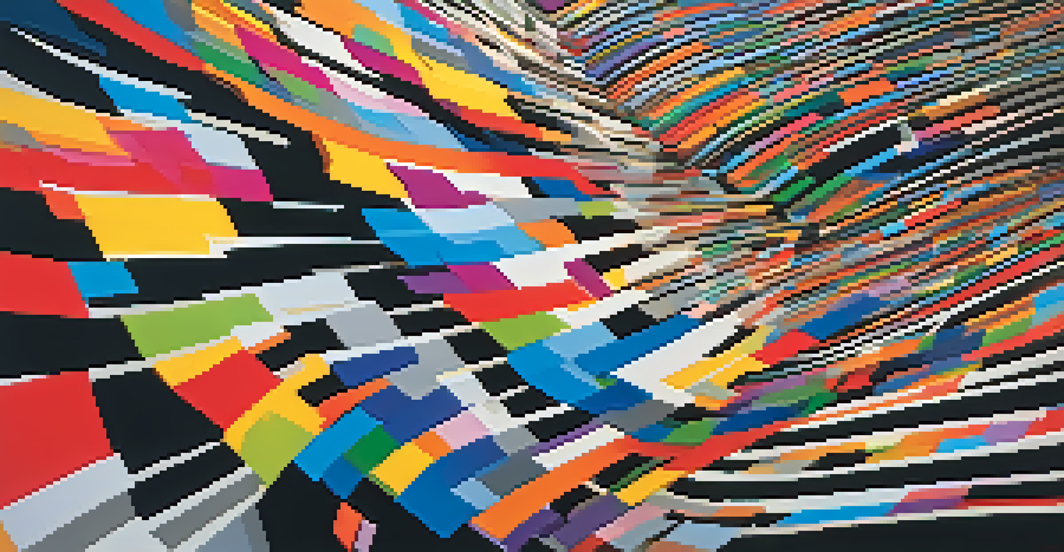 Abstract visualization of film strips with vibrant colors representing rhythm in film editing.
