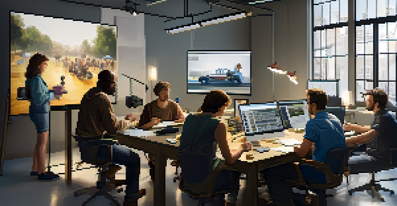 A diverse group of editors collaborating over a large screen in a well-lit editing studio.
