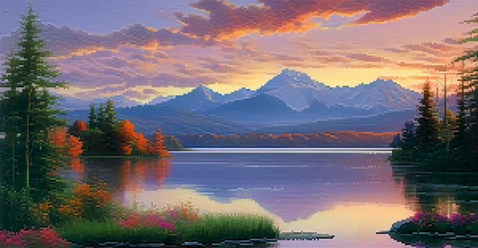 A stunning landscape of a serene lake at sunset with vibrant colors reflecting on the water and distant mountains in the background.