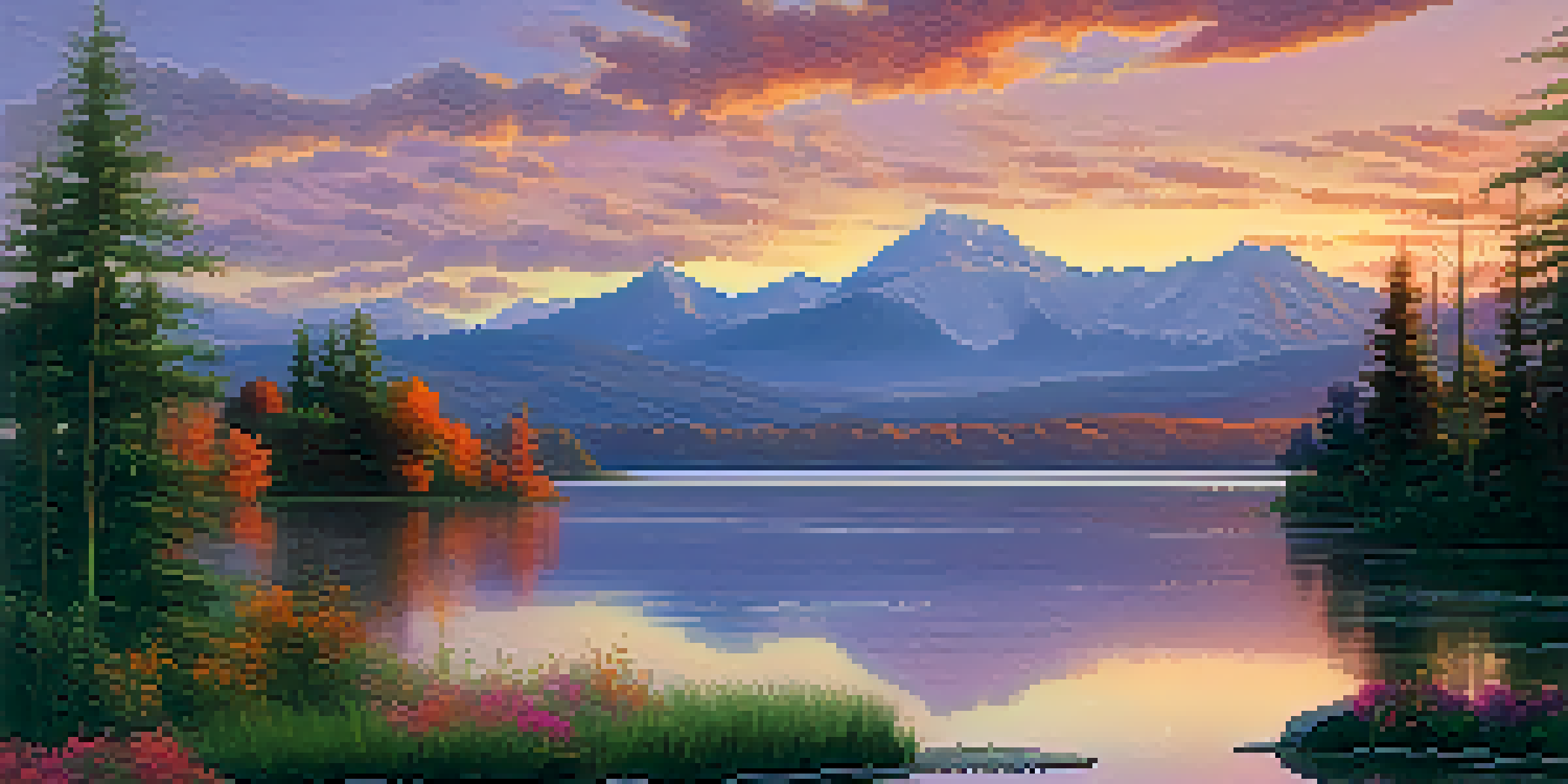 A stunning landscape of a serene lake at sunset with vibrant colors reflecting on the water and distant mountains in the background.