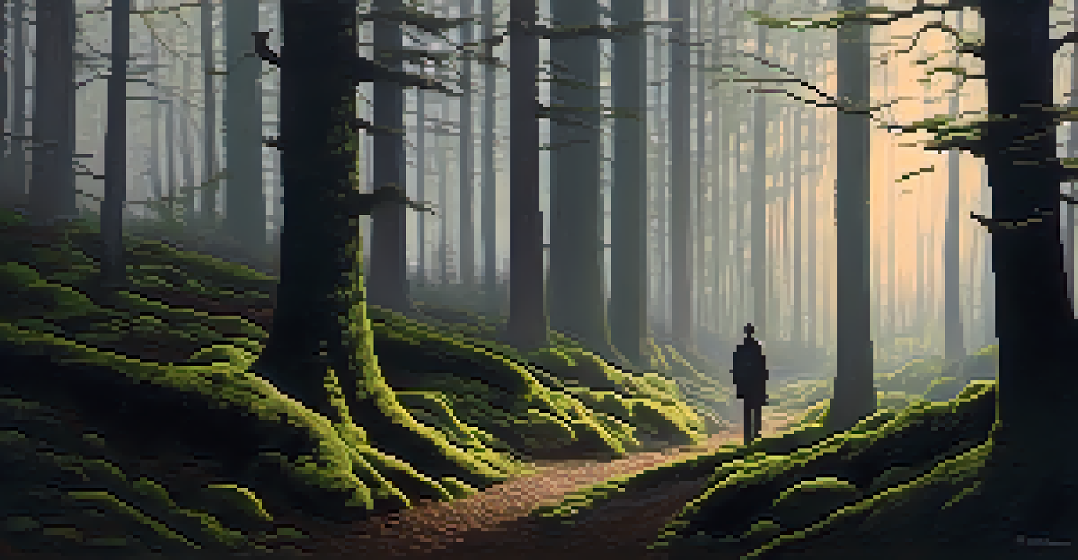 A dark forest scene with soft light, textures of moss, and a distant silhouette of a figure.