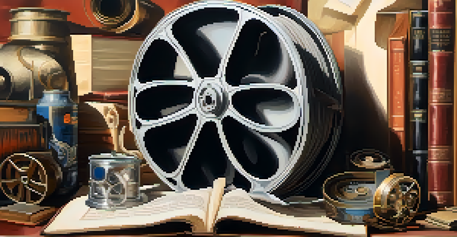 An artistic film reel with classic literature symbols like a quill and an open book.