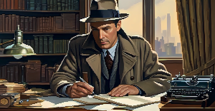 A vintage detective office scene with a private investigator at a desk, surrounded by case files and a rainy city view.