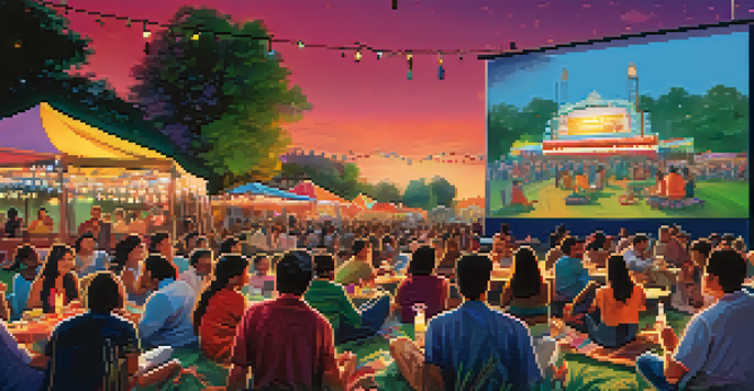 A lively outdoor film festival with a large screen showing a diverse film, attendees of different backgrounds enjoying the event, colorful lights, and food stalls in the background.
