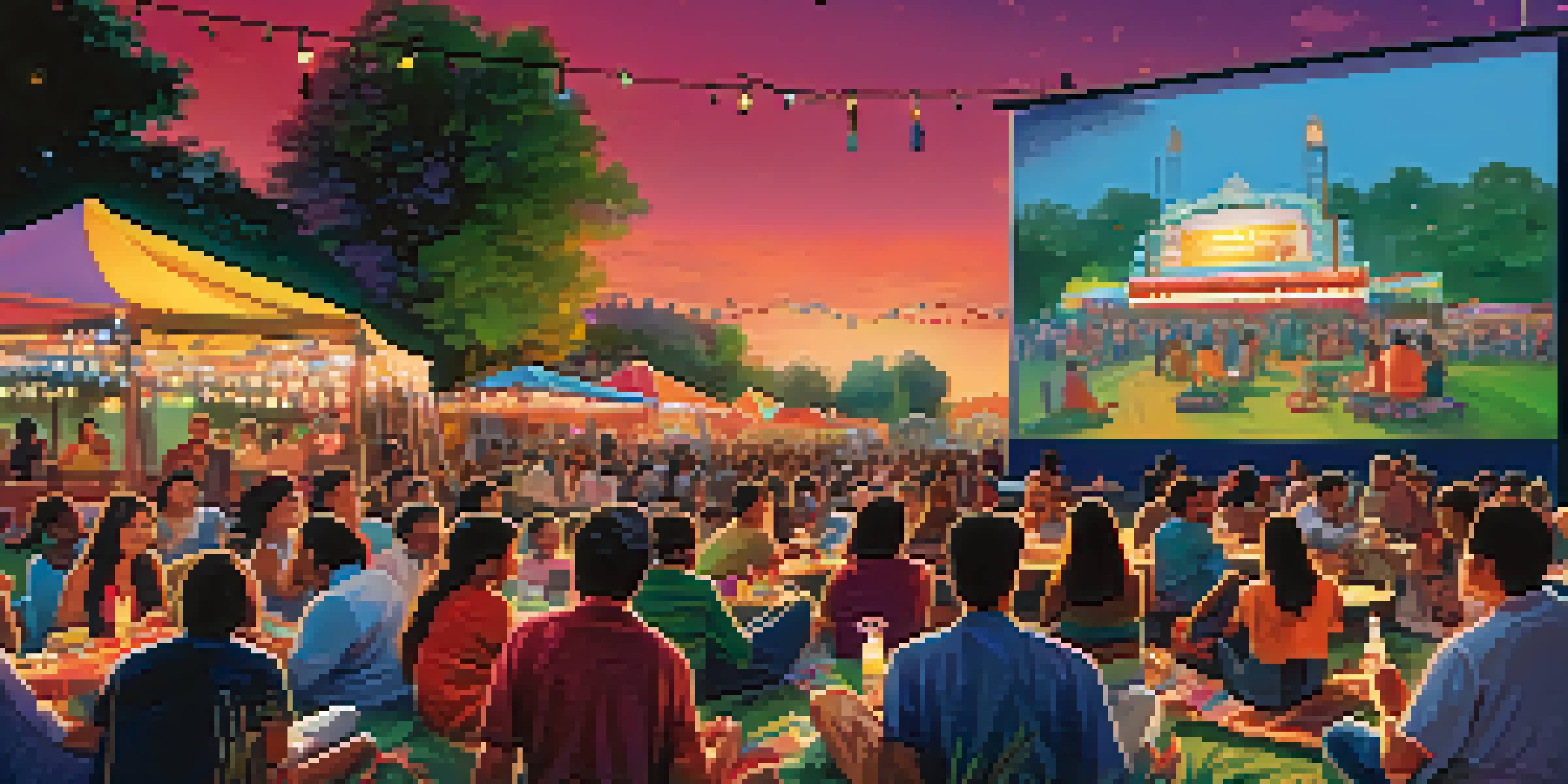 A lively outdoor film festival with a large screen showing a diverse film, attendees of different backgrounds enjoying the event, colorful lights, and food stalls in the background.