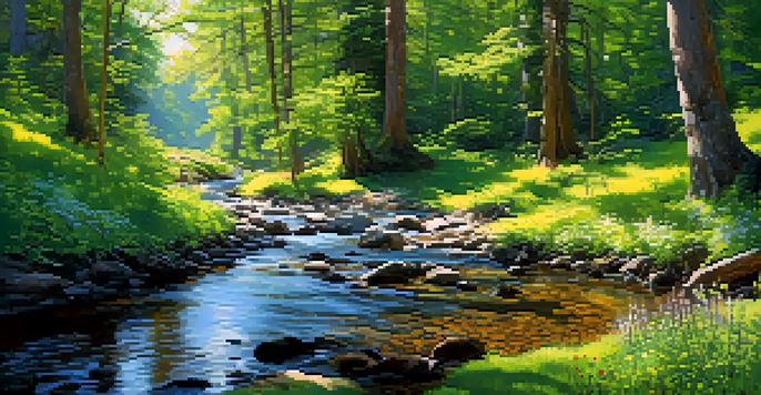 A peaceful forest scene with sunlight streaming through leaves and a gentle stream in the foreground, surrounded by colorful wildflowers.
