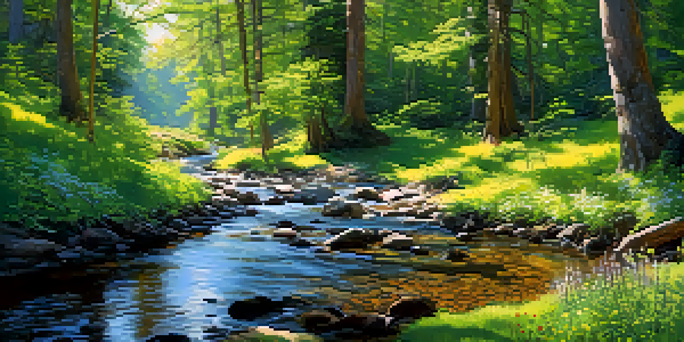 A peaceful forest scene with sunlight streaming through leaves and a gentle stream in the foreground, surrounded by colorful wildflowers.