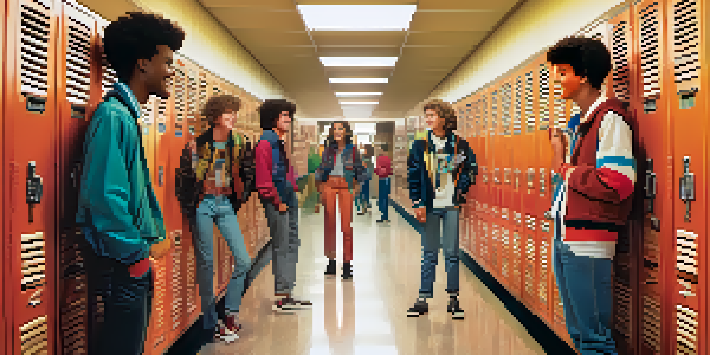 A colorful 1980s high school hallway with laughing teenagers and retro lockers.