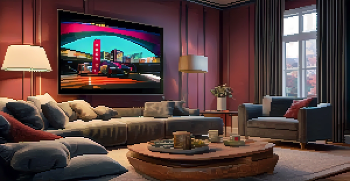 A comfortable home theater scene with a sofa, VR headset, and screens displaying vivid film scenes.