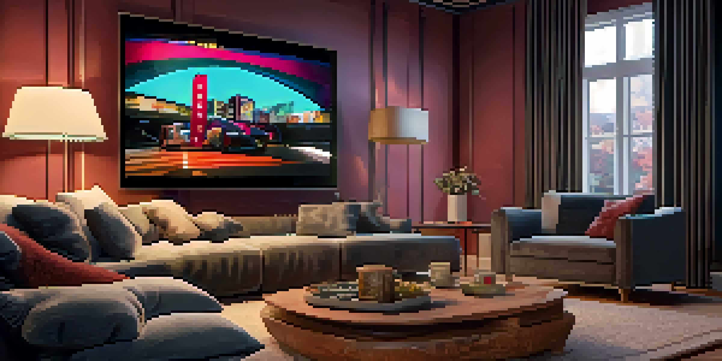 A comfortable home theater scene with a sofa, VR headset, and screens displaying vivid film scenes.