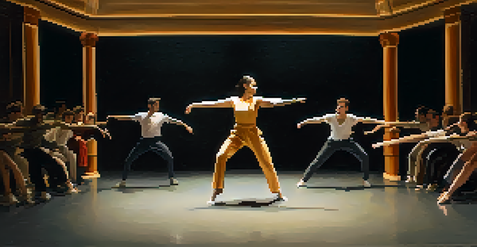 A theater rehearsal with actors performing psychophysical exercises, displaying various characters through movement and expressions.