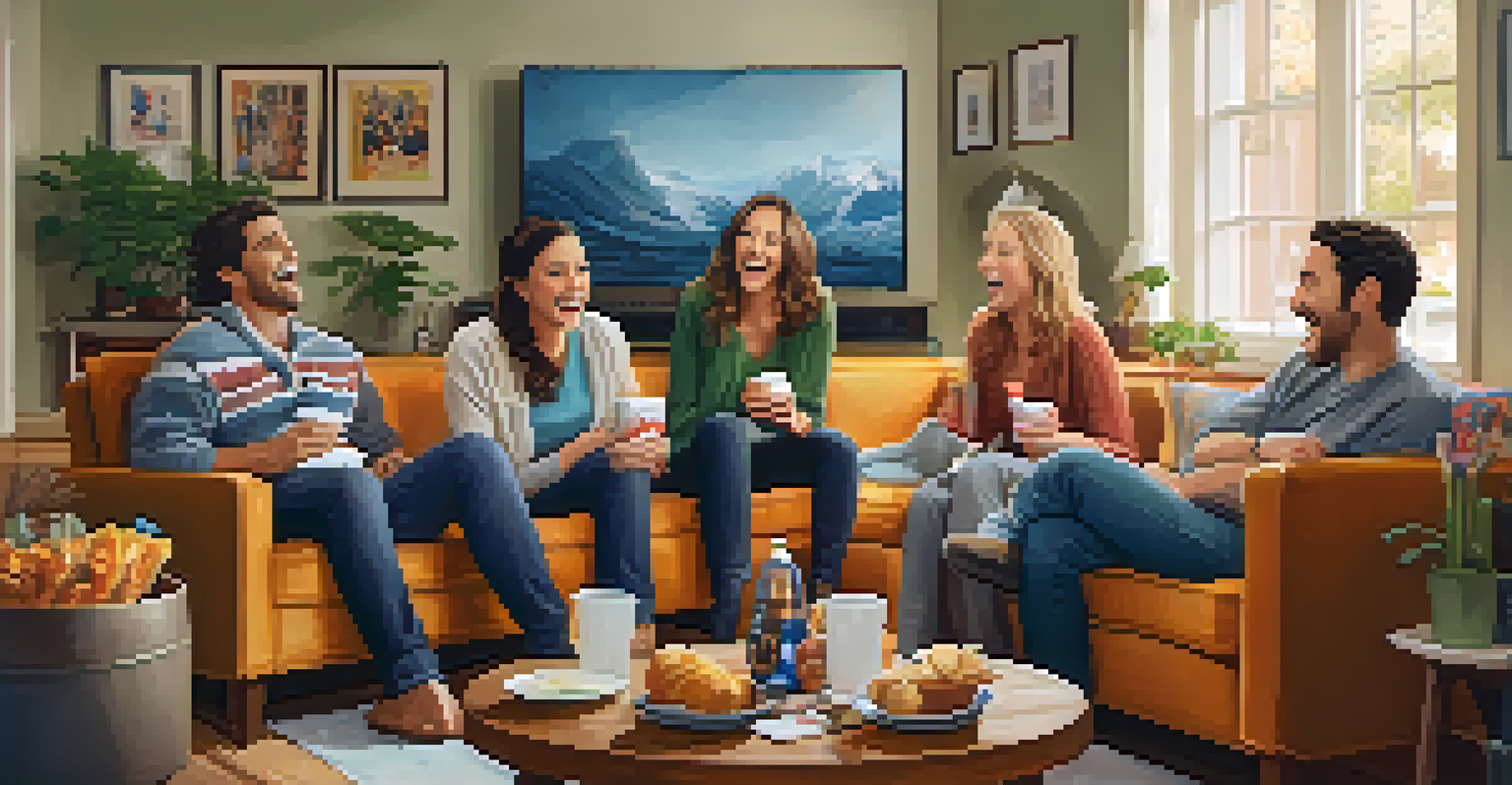 A cozy living room where friends are laughing together while watching a comedy show on television.