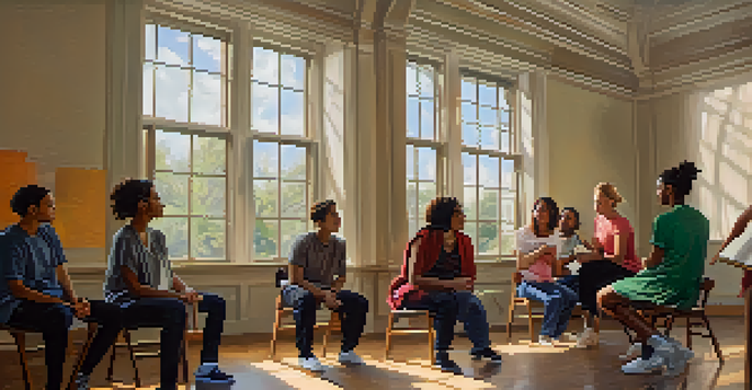 A group of acting students in a well-lit classroom, engaged in an emotional exercise, sharing personal stories.