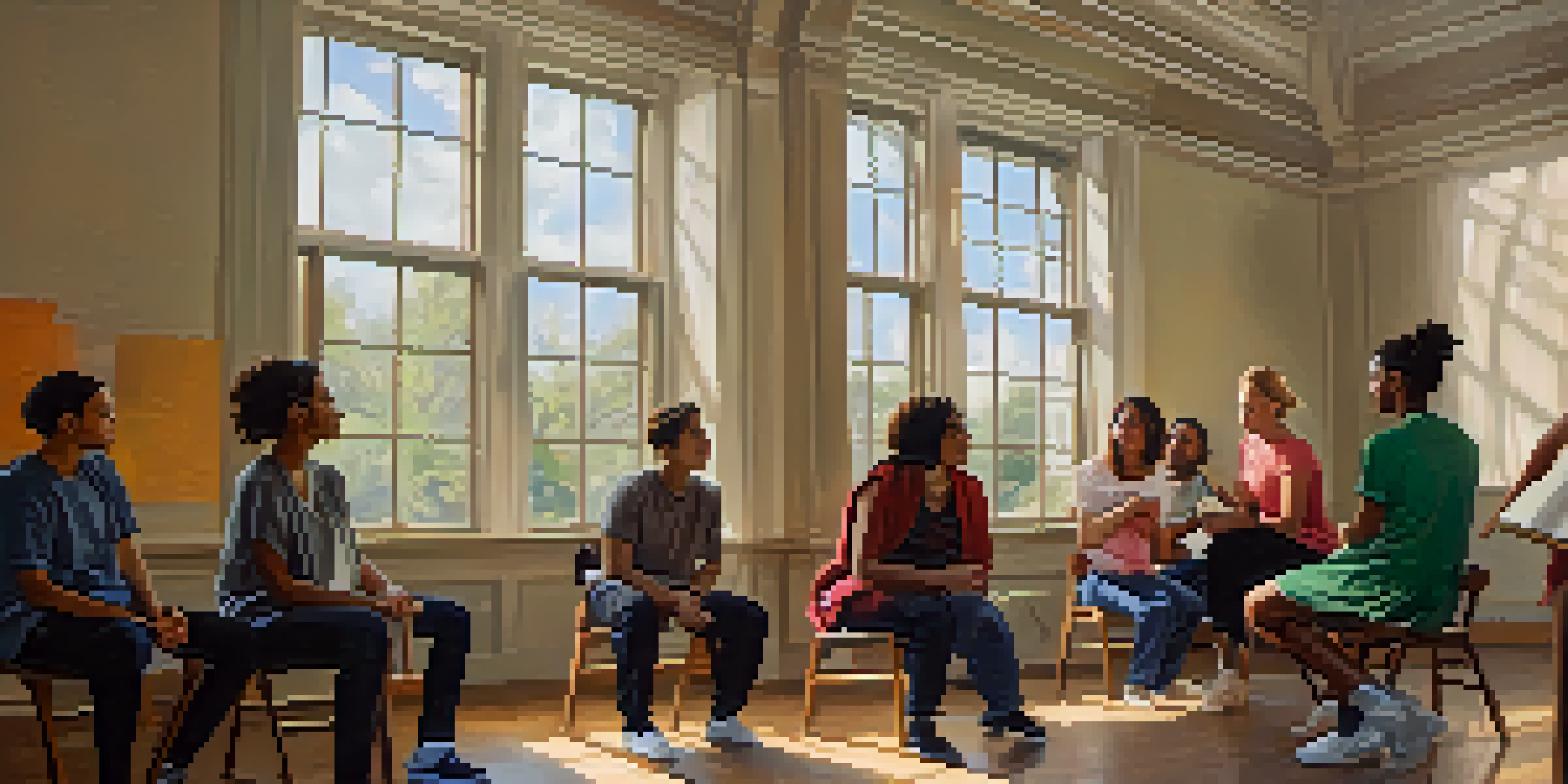 A group of acting students in a well-lit classroom, engaged in an emotional exercise, sharing personal stories.