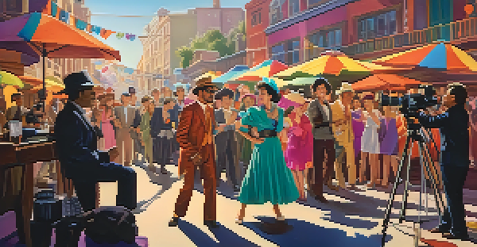 A colorful film set with actors in exaggerated costumes, capturing a comedic scene with bright lighting and a busy film crew in the background.