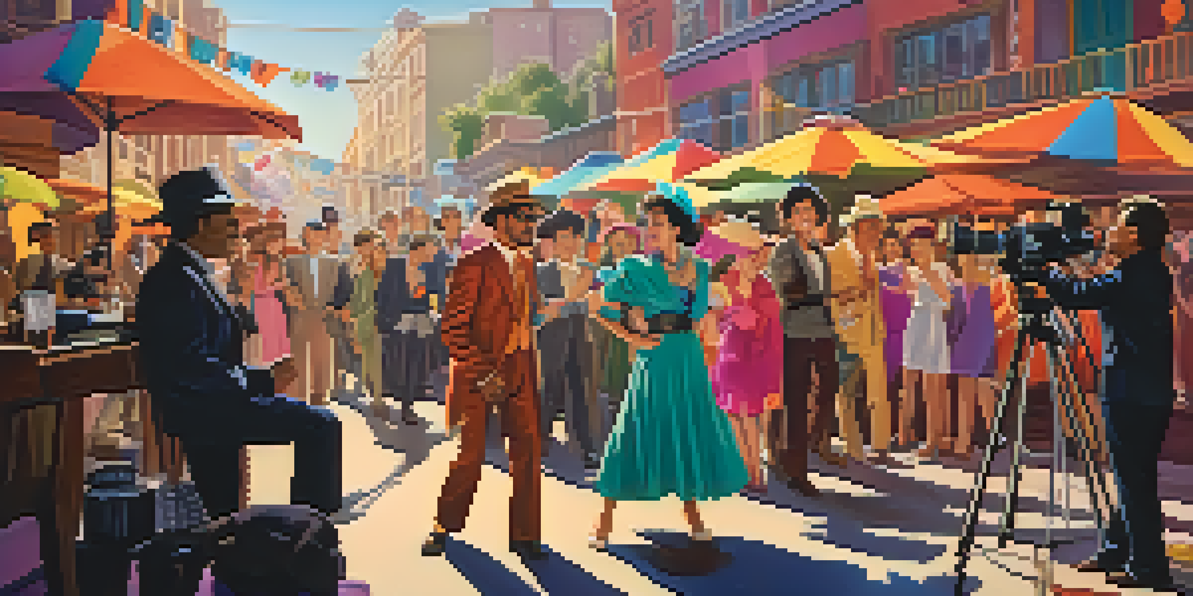 A colorful film set with actors in exaggerated costumes, capturing a comedic scene with bright lighting and a busy film crew in the background.