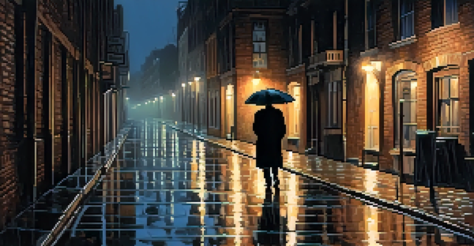 A dark alleyway illuminated by a streetlamp, with rain-soaked cobblestones and a figure in a trench coat creating a mysterious atmosphere.