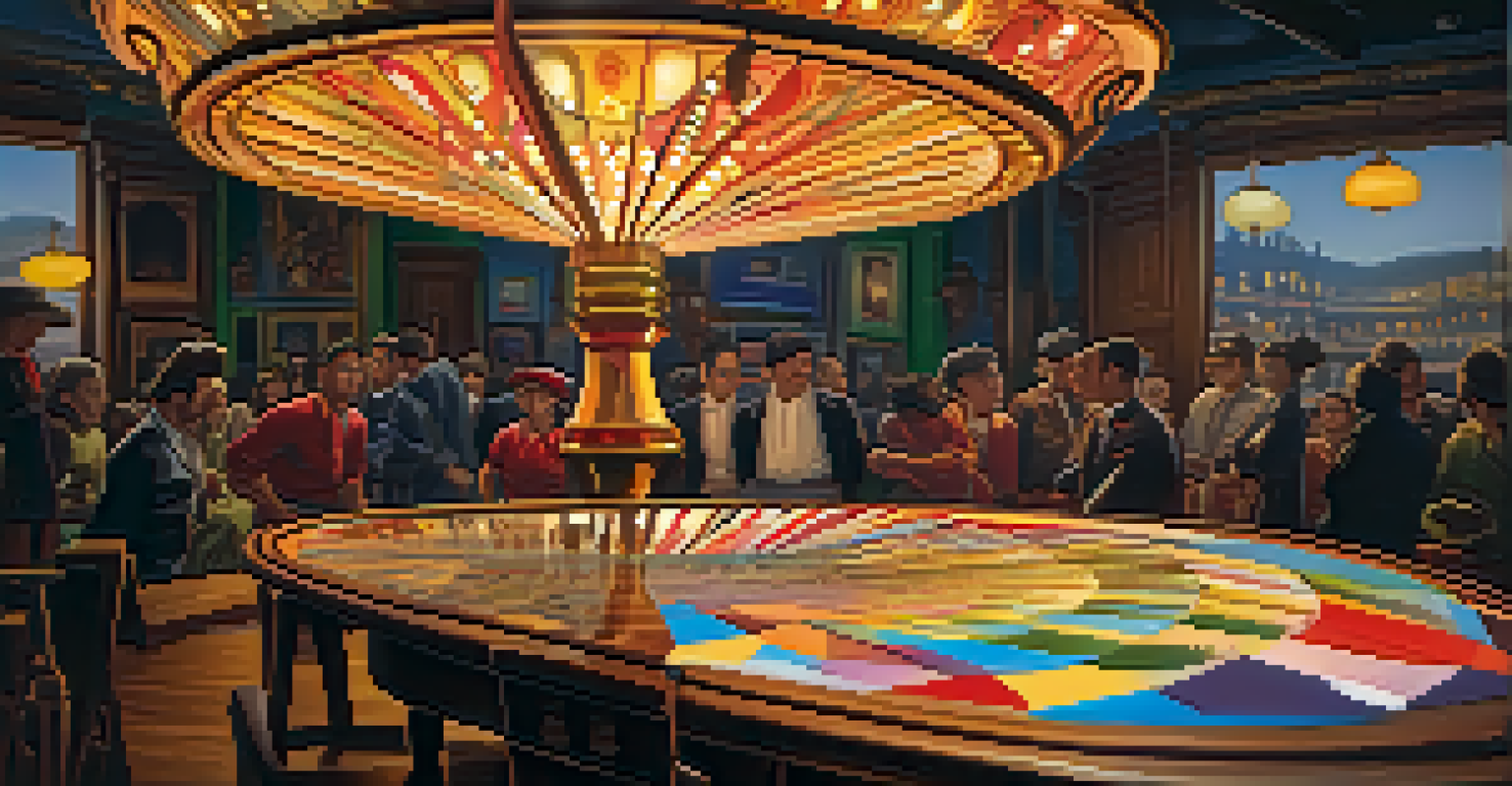 A vintage zoetrope on a wooden table, showcasing colorful images in motion, illuminated by a warm lamp.