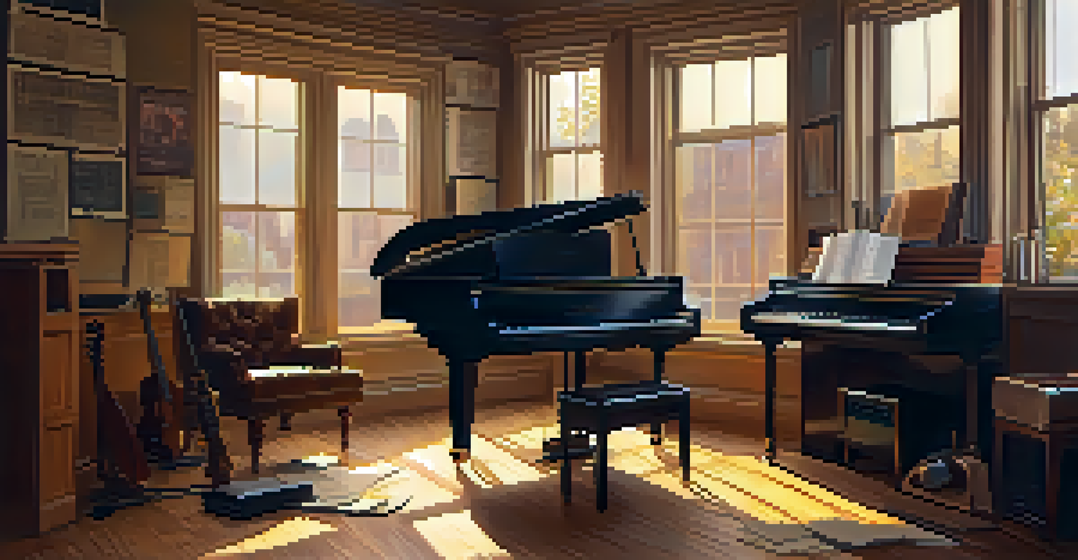 An intimate recording studio filled with vintage instruments and warm golden light, with a composer at work.